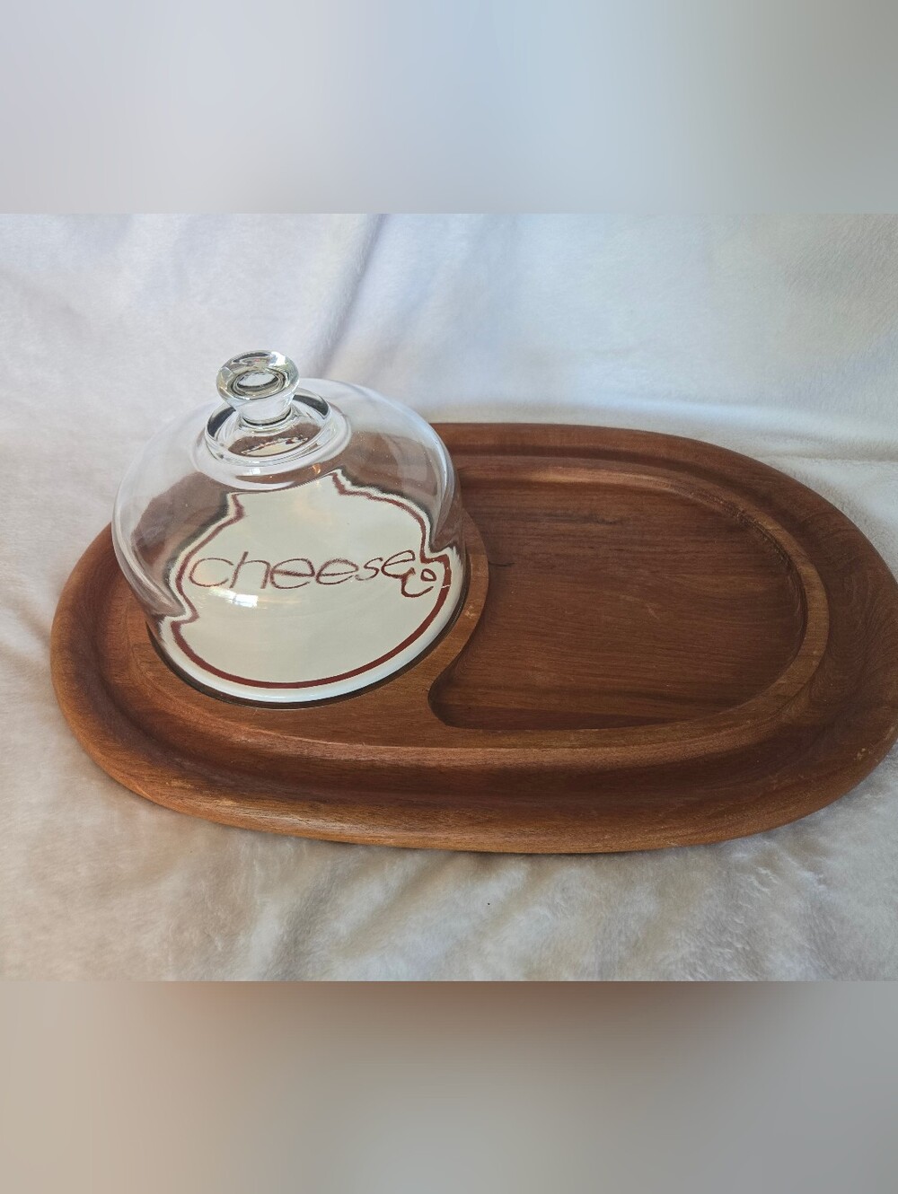 Vintage 1970s Wooden Cheese Serving Board with Clear Glass Dome